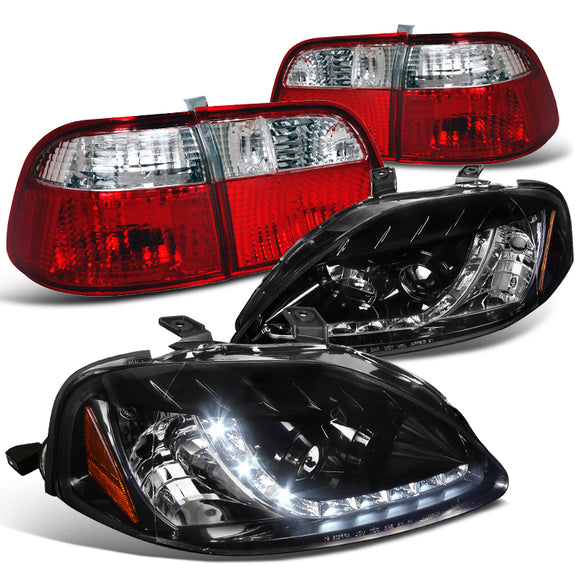 Coolstuffguru Compatible with Honda Civic 4Dr Glossy Black R8 LED DRL Projector Headlights+Rear Tail Lamps