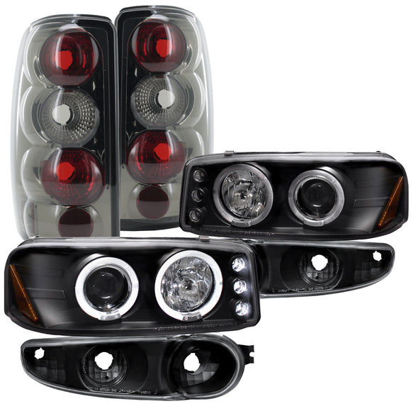 Coolstuffguru Compatible with GMC Yukon Black LED Halo Projector Headlights Bumper Lamp+Smoke Tail Lamps