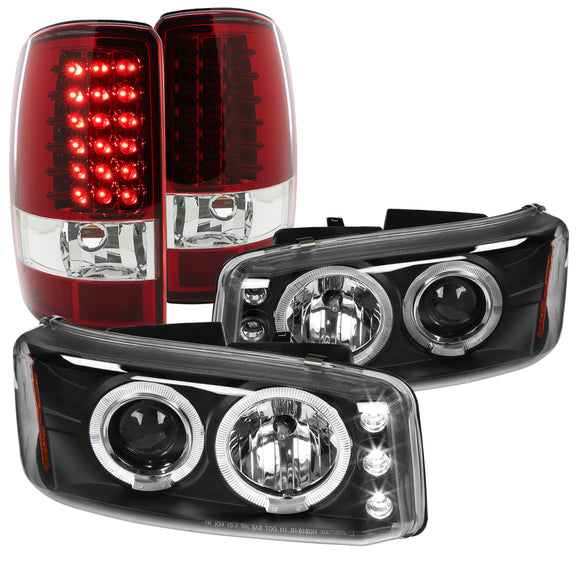 Coolstuffguru DUAL HALO PROJECTOR BLACK HEADLIGHTS+RED FULL LED TAIL LA Compatible with 2000-2006 YUKON DENALI