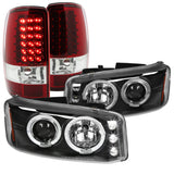 Coolstuffguru DUAL HALO PROJECTOR BLACK HEADLIGHTS+RED FULL LED TAIL LA Compatible with 2000-2006 YUKON DENALI