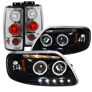 Coolstuffguru Compatible with Ford Expedition LED Halo Jet Black Projector Headlights+Tail Lights Brake La