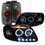 Coolstuffguru Compatible with GLOSSY BLACK 97-02 EXPEDITION LED DUAL HALO HEADLIGHTS+SMOKE TAIL BRAKE LIGH