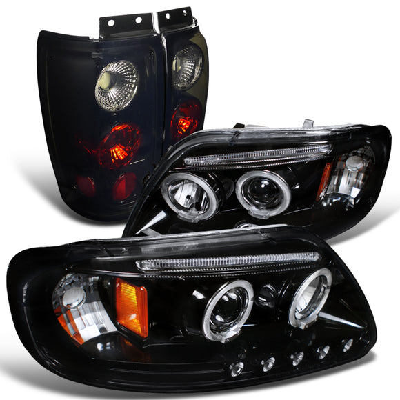 Coolstuffguru Compatible with GLOSSY BLK 97-02 EXPEDITION DUAL HALO LED HEADLIGHTS+DARK SMOKE TAIL BRAKE L