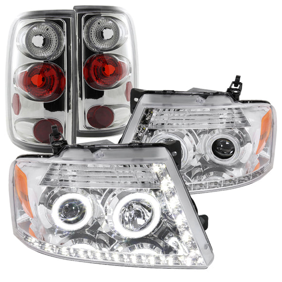 Coolstuffguru LED DRL HALO PROJECTOR CLEAR HEADLIGHTS+TAIL LIGHTS BRAKE LAMP Compatible with 2004-2008 F150