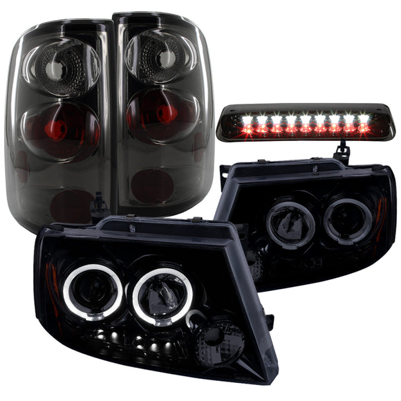 Coolstuffguru Compatible with GLOSSY BLK 04-08 F150 HALO PRO HEADLIGHTS+SMOKE TAIL LAMPS+LED 3RD BRAKE LIG