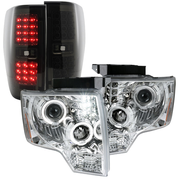 Coolstuffguru Compatible with Ford F150 Chrome Dual Halo Projector Headlights+Smoke LED Tail Lamps