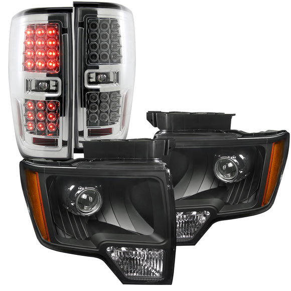 Coolstuffguru Compatible with Ford F150 Black Retrofit Projector Headlights+Clear LED Tail Lamps