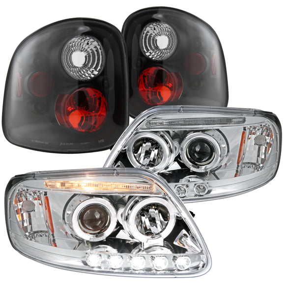 Coolstuffguru Compatible with Ford F150 Flareside Chrome Halo LED Projector Headlights+Black Tail Lamps