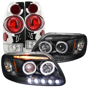 Coolstuffguru Compatible with Ford F150 Black LED Halo Projector Headlights+Clear 3D Tail Lamps