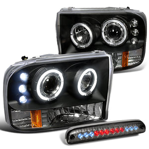 Coolstuffguru HALO PROJECTOR BLACK HEADLIGHTS+SMOKE LED 3RD BRAKE LAM Compatible with 1999-2004 FORD F250 F350