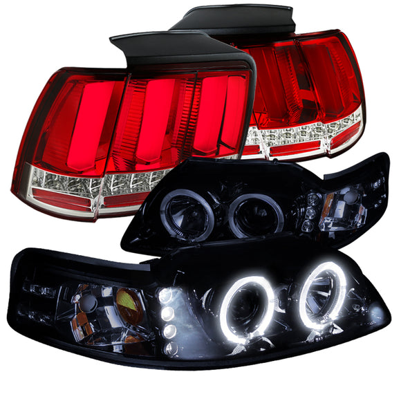 Coolstuffguru Compatible with Ford Mustang Glossy Black Halo Projector Headlights+Facelift Red LED Tail Li