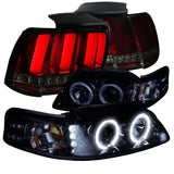 Coolstuffguru Compatible with Ford Mustang Glossy Black Projector Headlights+Red/Smoke LED Tail Brake Lamp