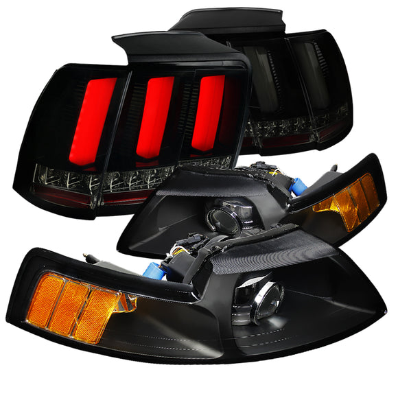 Coolstuffguru Compatible with Ford Mustang Retrofit Black Projector Headlights+Sequential LED Tube Tail Lamps