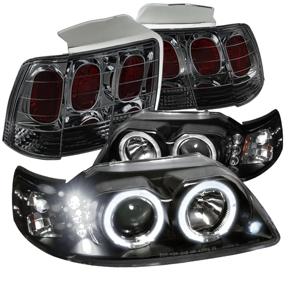 Coolstuffguru Compatible with Ford Mustang Black LED Halo Projector Headlights+Smoke Rear Brake Tail Light