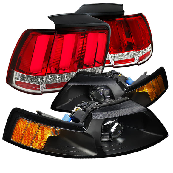 Coolstuffguru Compatible with Ford Mustang Retrofit Black Projector Headlights+Sequential LED Tube Tail Lamps