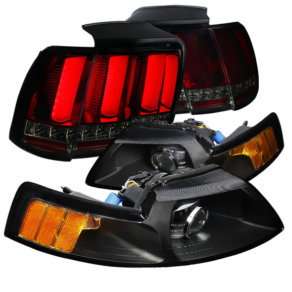 Coolstuffguru Compatible with Ford Mustang Black Projector Headlights+Red/Smoke Sequential LED Tube Tail L