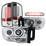 Coolstuffguru PROJECTOR HEADLIGHTS+LED TAIL LIGHTS+LED 3RD BRAKE LAMP Compatible with 2002-2005 DODGE RAM 1500