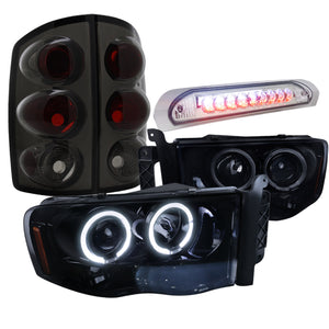 Coolstuffguru GLOSSY Black HALO PRO HEADLIGHT+SMOKE TAIL LAMP+LED 3RD BRAKE Compatible with 2002-2005 DODGE RAM