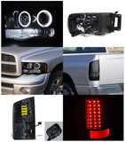 Coolstuffguru Compatible with Ram Glossy Black LED Halo Projector Headlights+Smoke LED Tail Lamps