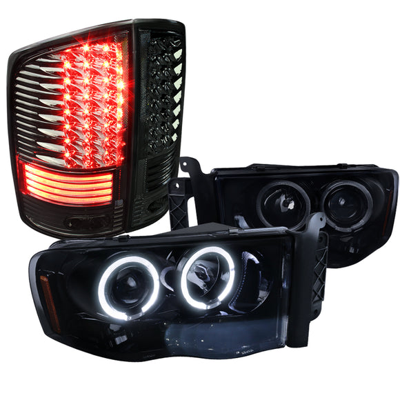 Coolstuffguru Compatible with Ram Glossy Black LED Halo Projector Headlights+Smoke LED Tail Lamps