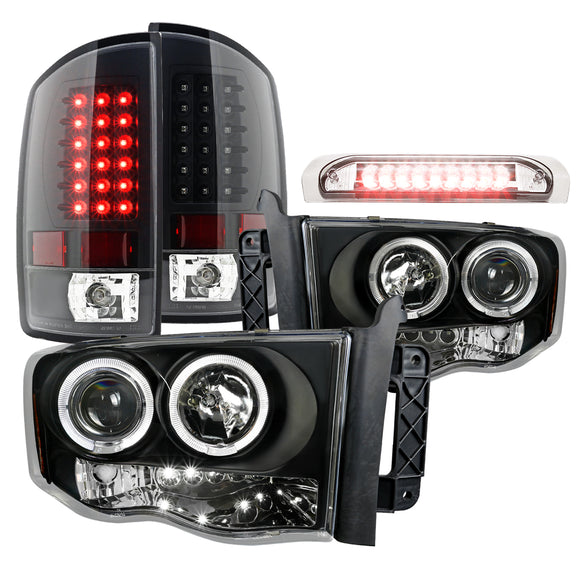 Coolstuffguru BLACK HALO PROJECTOR HEADLIGHT+LED TAIL LAMP+3RD BRAKE L Compatible with 2002-2005 DODGE RAM