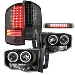 Coolstuffguru Compatible with Ram Black Halo Projector Headlights+Smoke LED Tail+3Rd Brake Lamp