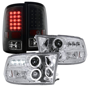 Coolstuffguru Compatible with Dodge Ram 1500 2500 3500 Chrome Halo Projector Headlights+LED Tail Lamps