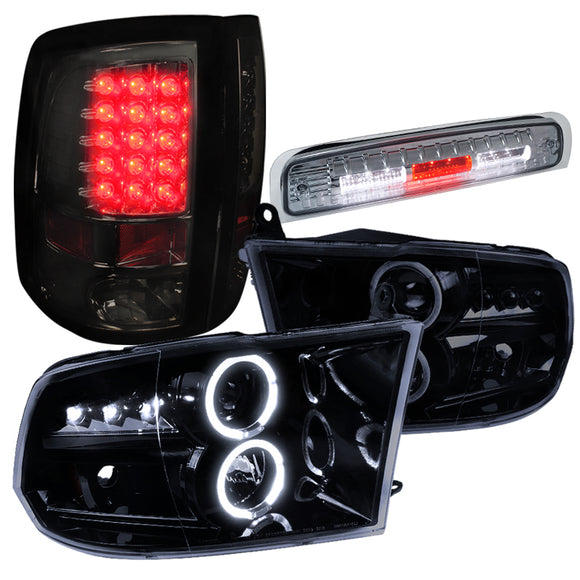 Coolstuffguru Compatible with Dodge Ram LED Halo Projector Headlight Glossy Black+Tail Lamps+3rd Brake Smo