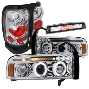 Coolstuffguru Compatible with 94-01 DODGE RAM CHROME HALO PRO HEADLIGHT+CLEAR TAIL LAMP+LED 3RD BRAKE LIGH