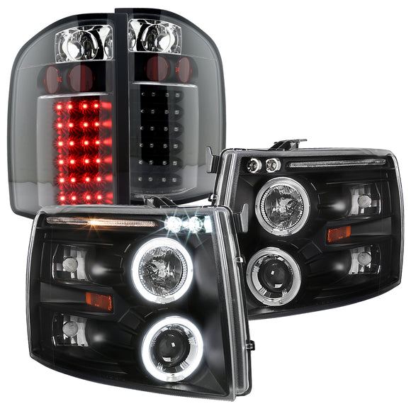 Coolstuffguru Compatible with CHEVY 07-12 SILVERADO BLACK HALO PROJECTOR HEADLIGHT+LED CRYSTAL TAIL LAMP