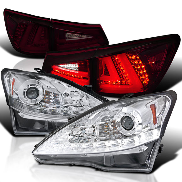 Coolstuffguru Compatible with Lexus IS250 LED Signal Projector Headlights+Red Smoke LED Tail Lamps