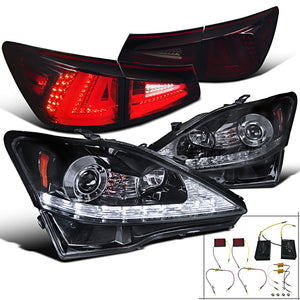 Coolstuffguru Compatible with Lexus IS250 Glossy Black Projector Headlights+Red Smoke LED Tail Lamp