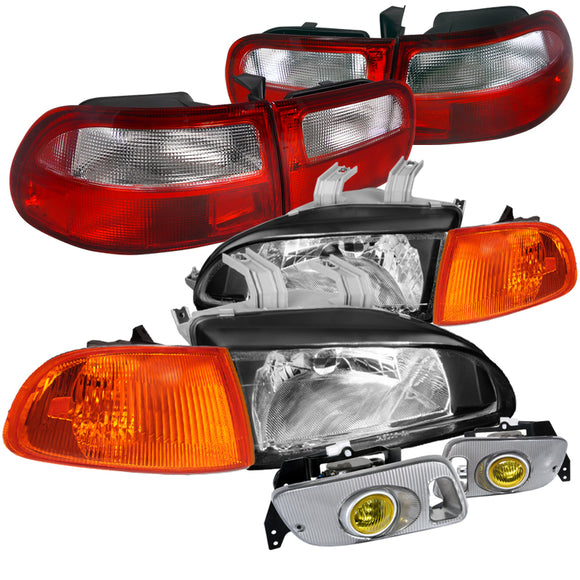 Coolstuffguru Compatible with Honda Civic 3Dr Black Headlights+Corner Lamp+Yellow Fog Lights+Red Tail Lamp