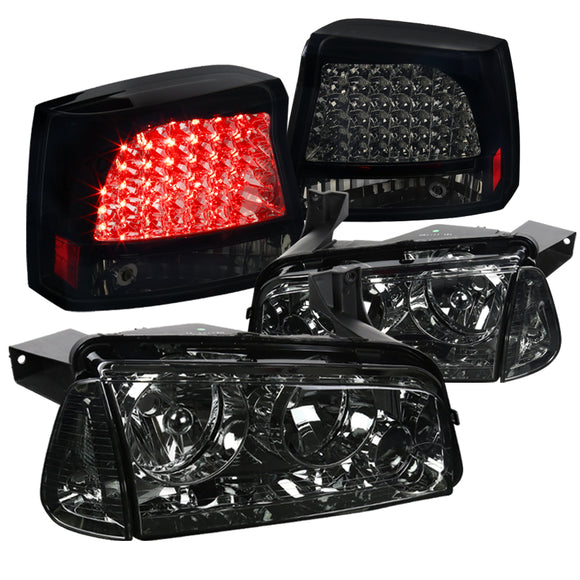 Coolstuffguru Compatible with Dodge Charger Smoke Lens Headlights+Corner Lamps+Glossy Black LED Tail Light