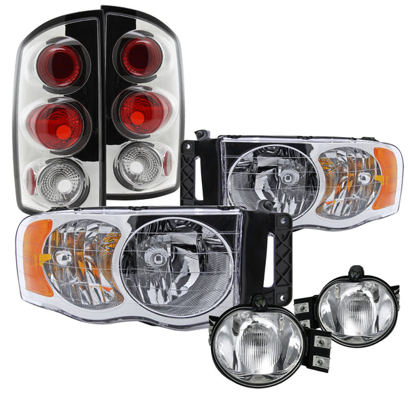 Coolstuffguru Compatible with Dodge Ram 1500/2500/3500 Crystal Chrome Headlights+Clear Fog Lamps+Tail Ligh