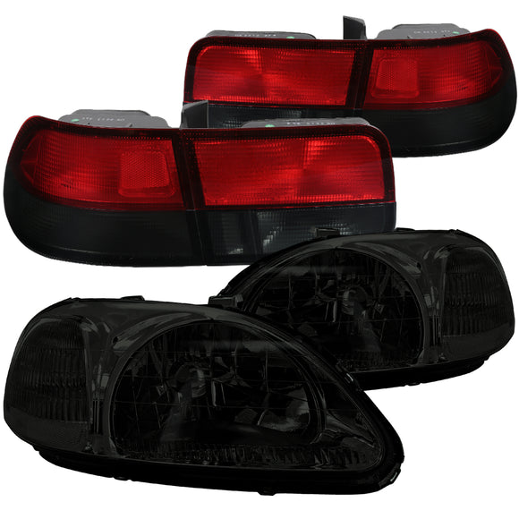 Coolstuffguru Compatible with Civic 2Dr Coupe Crystal Smoke Headlight+Red/Smoke Tail Lights