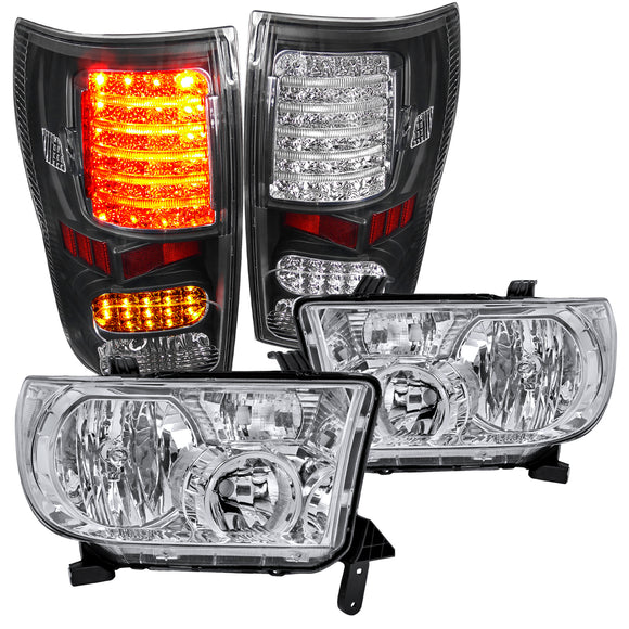 Coolstuffguru Compatible with Toyota Tundra Pickup Chrome Crystal Headlights+Black LED Tail Lamps