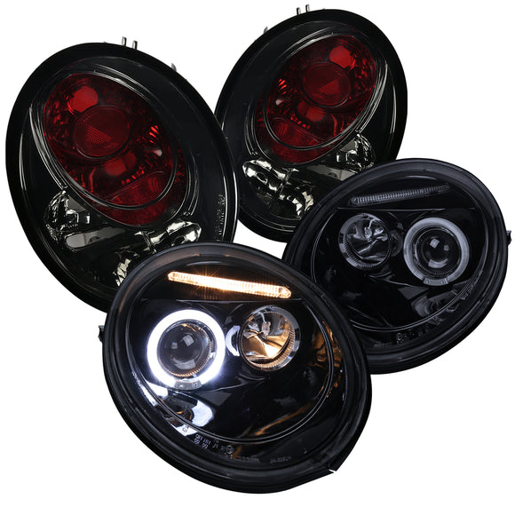 Coolstuffguru Compatible with GLOSSY BLACK 98-05 BEETLE HALO PROJECTOR HEADLIGHTS+SMOKE TAIL LIGHTS BRAKE