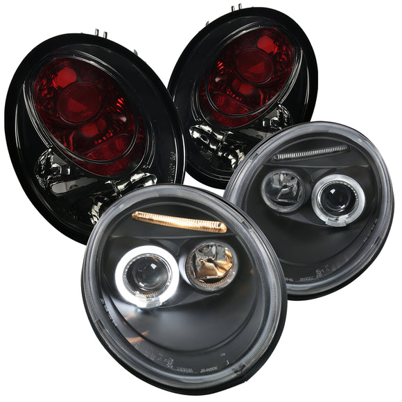 Coolstuffguru HALO BLACK PROJECTOR HEADLIGHTS w/SMOKE TAIL LIGHTS BRAKE L Compatible with 1998-2005 BEETLE