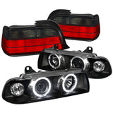 Coolstuffguru Compatible with BMW E36 2DR Coupe Black Halo Projector Headlights+Red/Smoke Tail Lamps