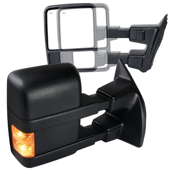 Coolstuffguru Black Telescopic Towing Mirror Amber Signal Power Heated Compatible with 1999-2015 Ford F250 Super Duty