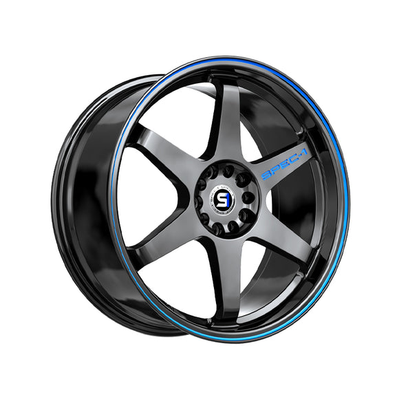 1 X Spec-1 SPT-33 Gloss Black & Blue Line 18X8.5 4x100/4x114.3 73.1 Hub 38 Offset Black, Blue Wheel Rim