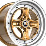 1 X Spec-1 SPT-35 Gold & Machined Lip 15X8 4x100/4x114.3 73.1 Hub 25 Offset Gold Wheel Rim