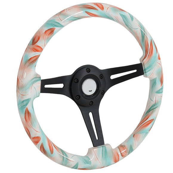 Coolstuffguru Black 3-Spoke 350mm Racing Wooden Tiff Blue Feather Printing Steering Wheel