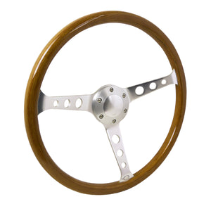 Coolstuffguru Polished 370 mm Wooden Steel Style Steering Wheel 2.5" Deep w/ Horn Button