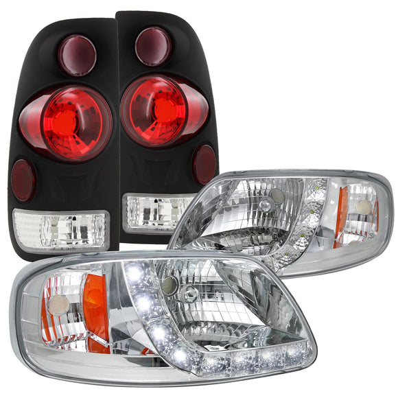 Coolstuffguru Compatible with Ford F150 Styleside Chrome SMD LED Headlights+Black 3D Tail Brake Lamps