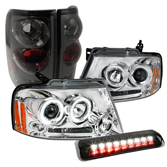 Coolstuffguru Compatible with Ford F150 Clear Halo Projector Headlights+Smoke Tail Lights+3rd Brake