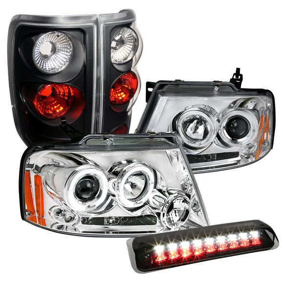 Coolstuffguru Compatible with Ford F150 Chrome Projector Headlights+Black Tail Lights+LED 3rd Brake Smoke